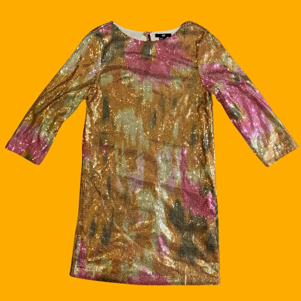 H&M Gold/Pink Sequin Mini Bodycon Mid-Sleeves Dress Women Size 2 LIKE-NEW